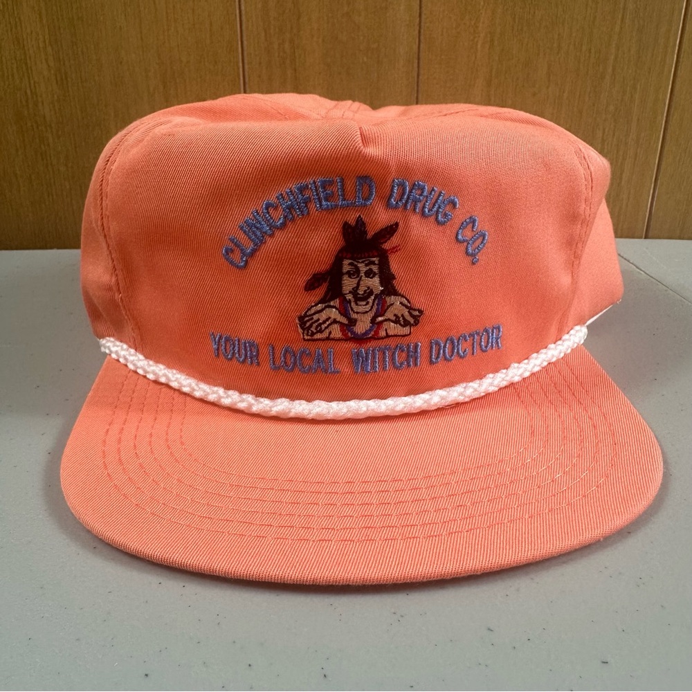 Vtg Witch Doctor Hat Cap Snapback Peach Made in USA Adjustable Clinchfield Drug